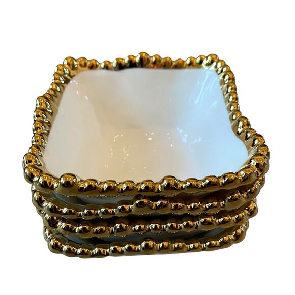 Perla White Porcelain Tidbit Bowls with Gold Beaded Edge 4in Square Set of 4 NEW - Picture 10 of 16